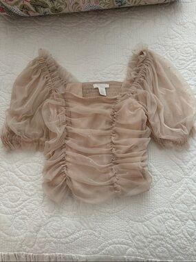 H&M Beige Sheer Ruched Puff-Sleeve Top